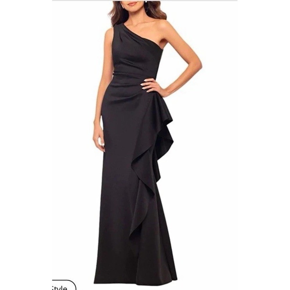 Xscape Black One Shoulder RuffleDress Long Formal Gown Size 4 Wedding Guest